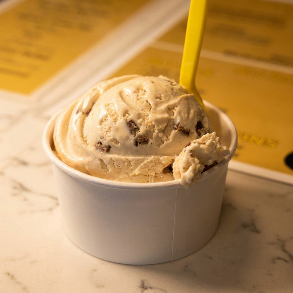 A scoop of ice cream with chocolate chips in a white cup with a yellow spoon on a marble counter.