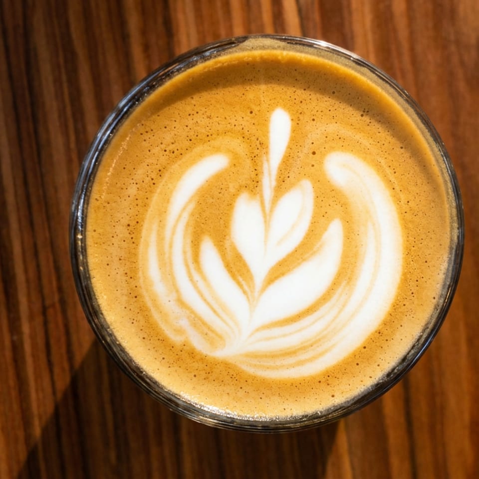Overhead view of a latte with intricate white foam art on a dark wooden table.