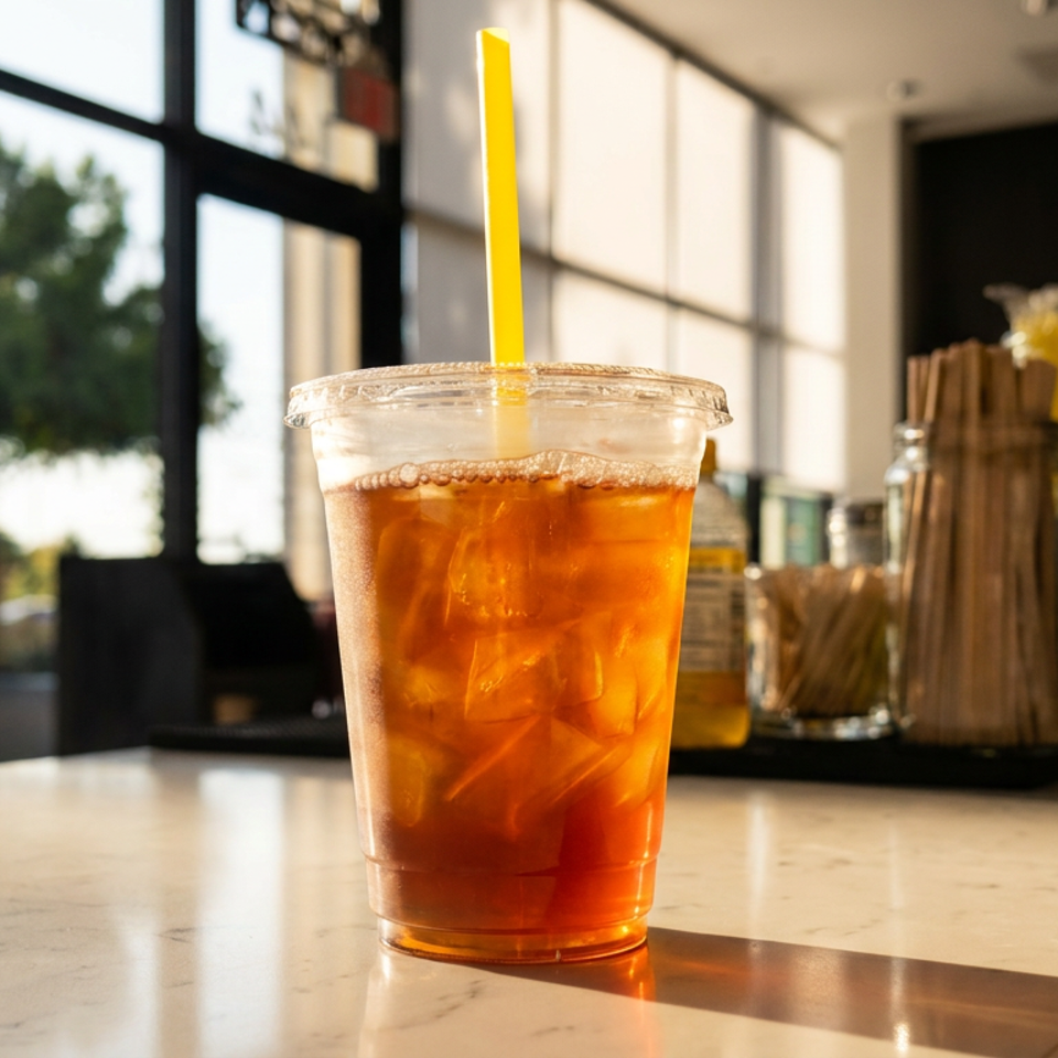 Iced tea with a yellow straw on a white counter, with a bright window in the background.