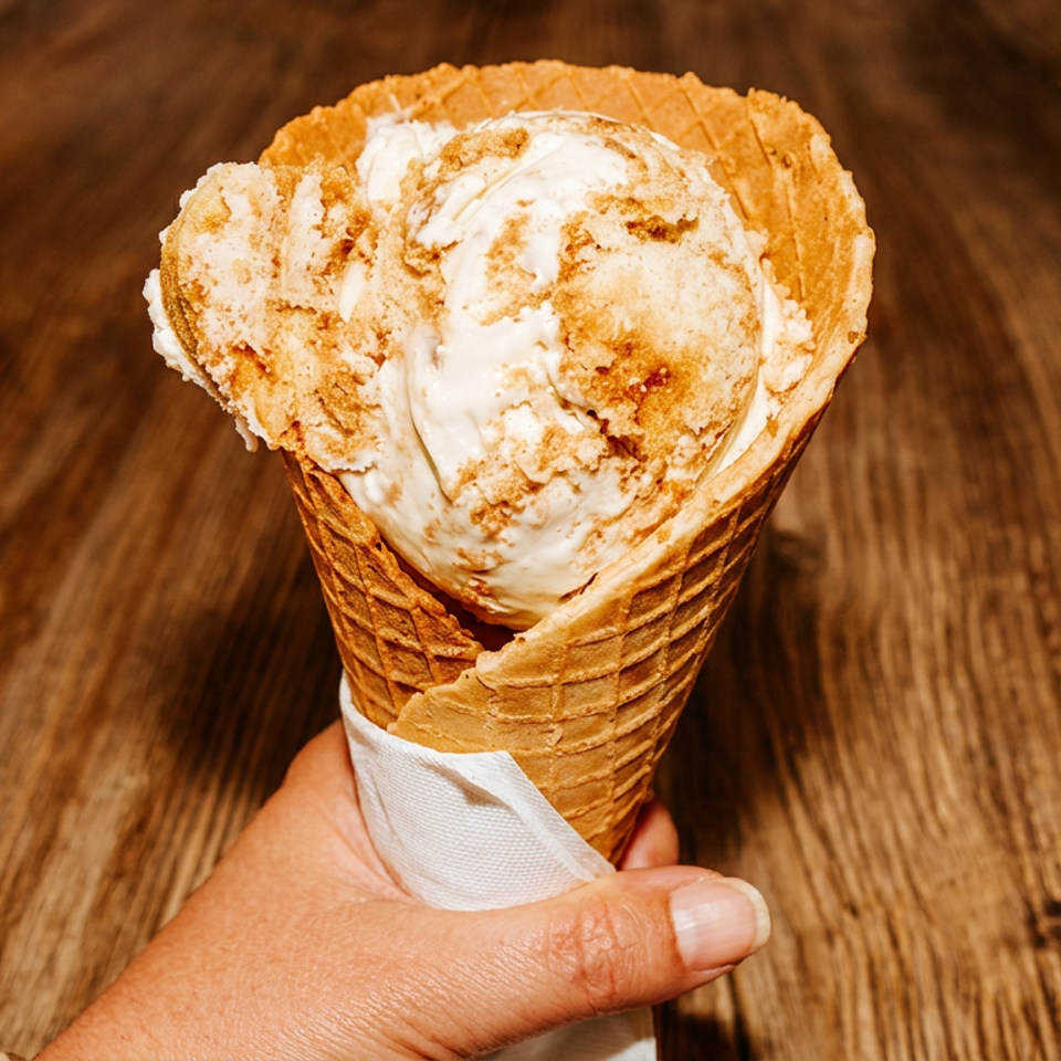 Hand holding a waffle cone filled with scoops of vanilla ice cream swirled with caramel.