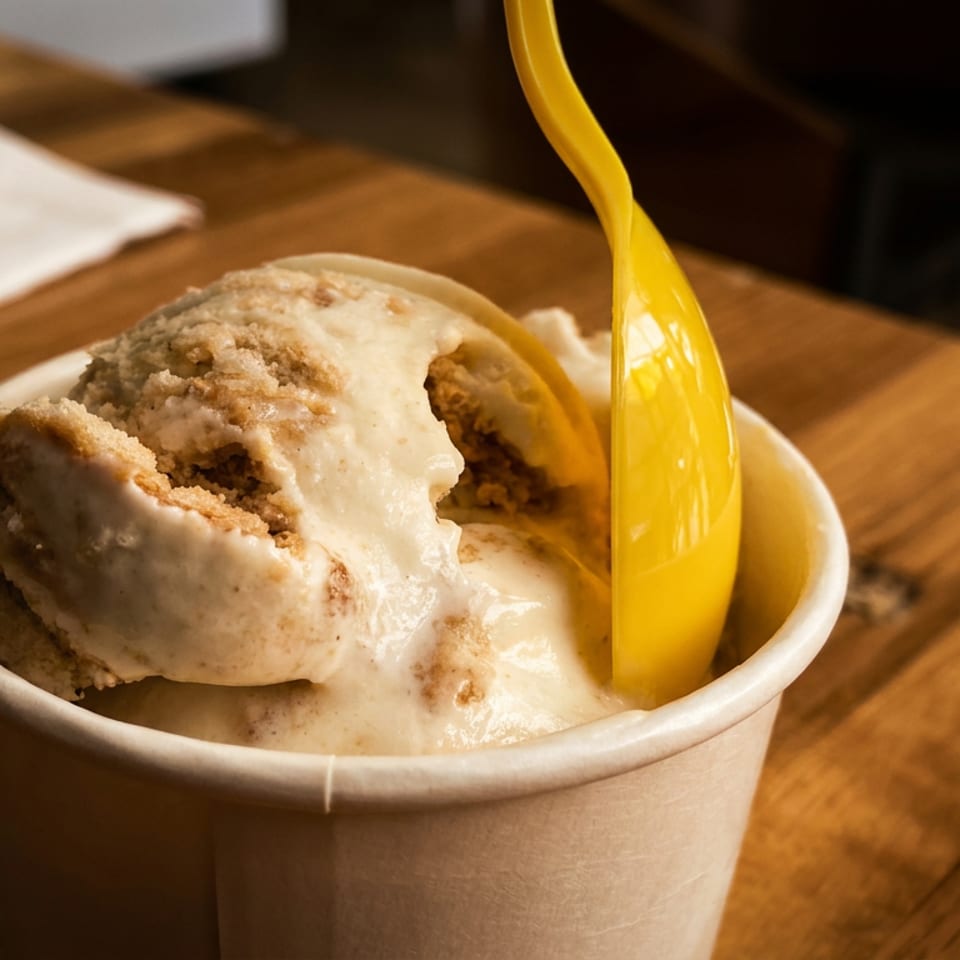 Scoops of ice cream with cookie crumbles in a paper cup, with a yellow spoon.