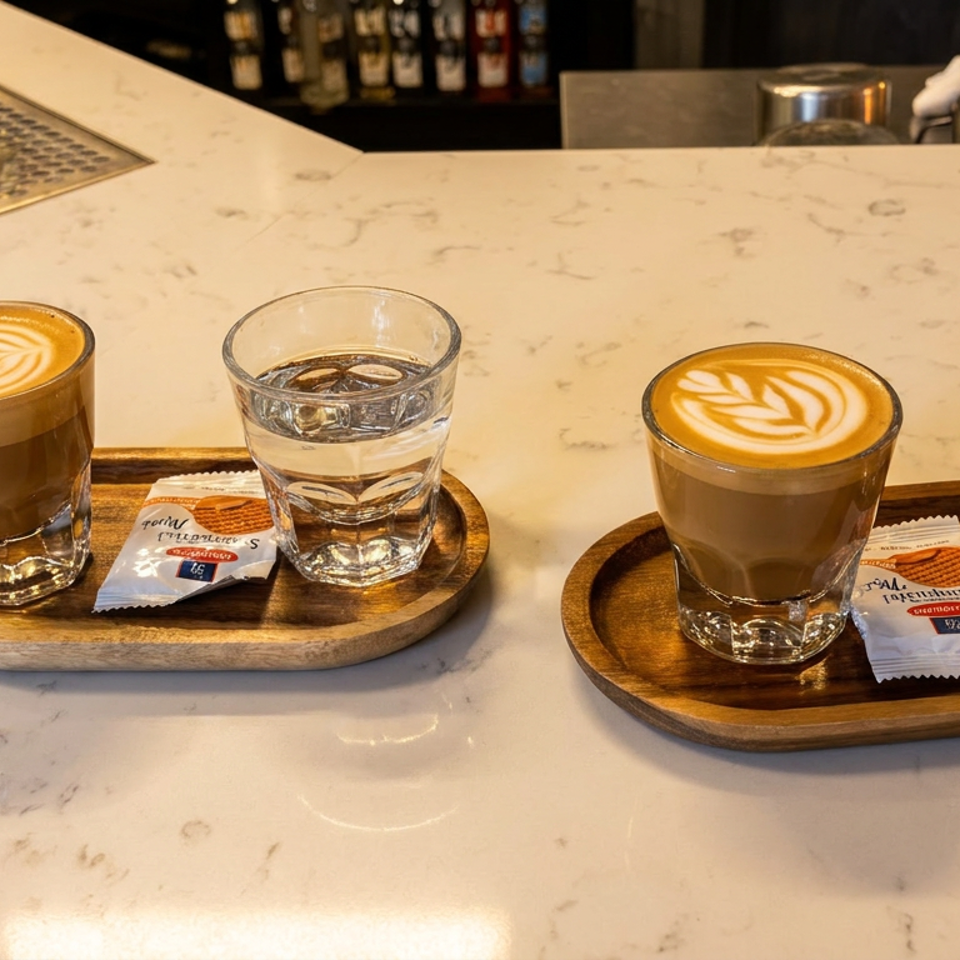 Two wooden trays, each with a latte, a glass of water, and a small biscuit packet on a marble counter.
