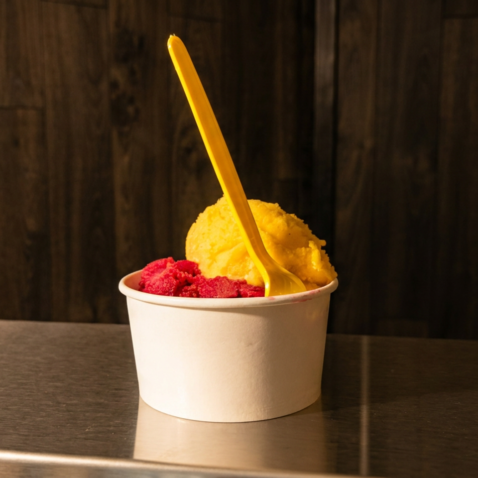 A white cup of bright yellow and red sorbet with a yellow spoon on a metal counter.