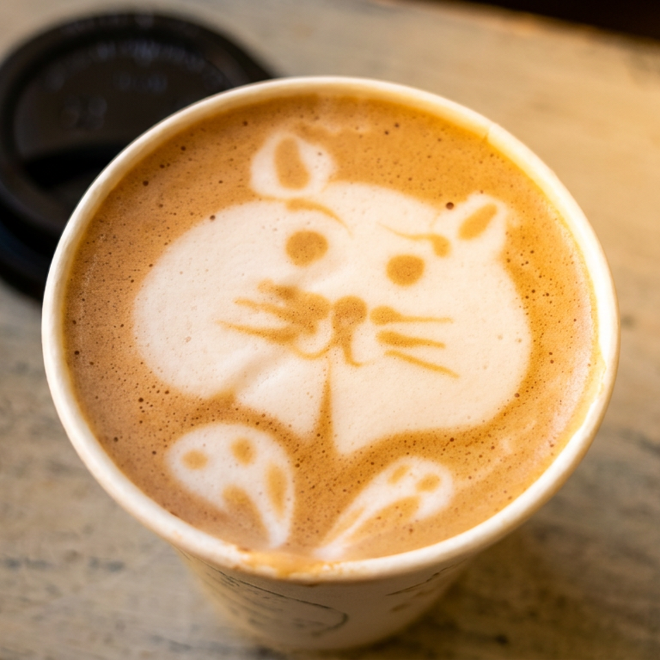 Latte art in a paper cup depicts a cute cat face with paws, next to a black lid.